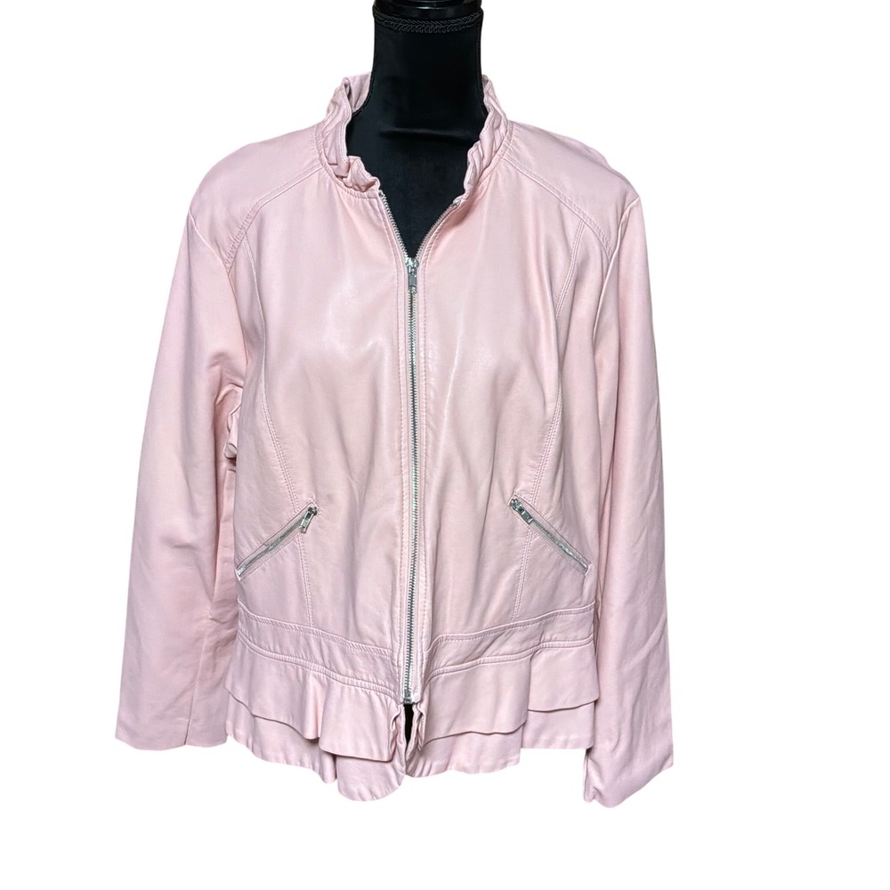 Ashley Stewart Faux Leather Jacket 18W Pink Ruffle Hem Moto Zip Pastel Biker